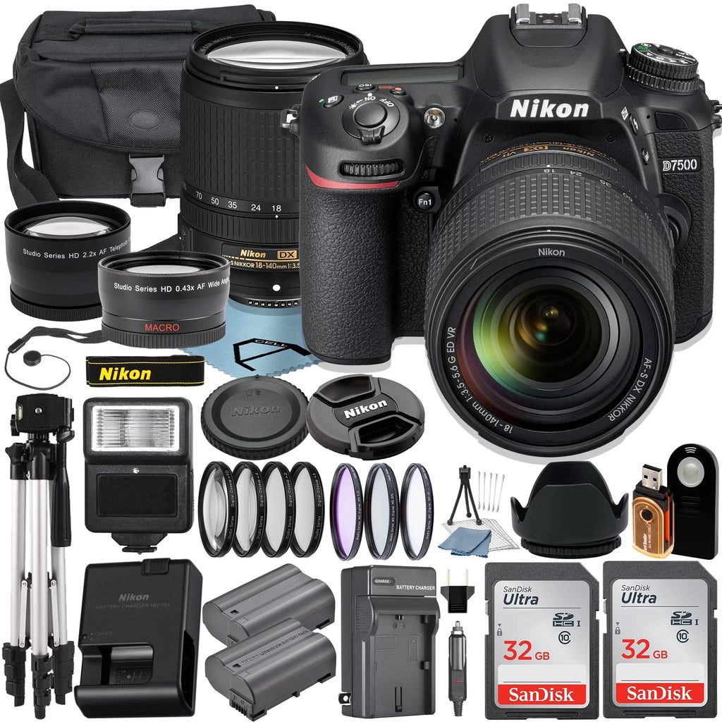 Filter 18-140mm Nikon + 32GB 2pcs + DSLR + with Camera SanDisk Lens Memory Tripod + UV + D7500 A-Cell Case Bundle Card Accessory