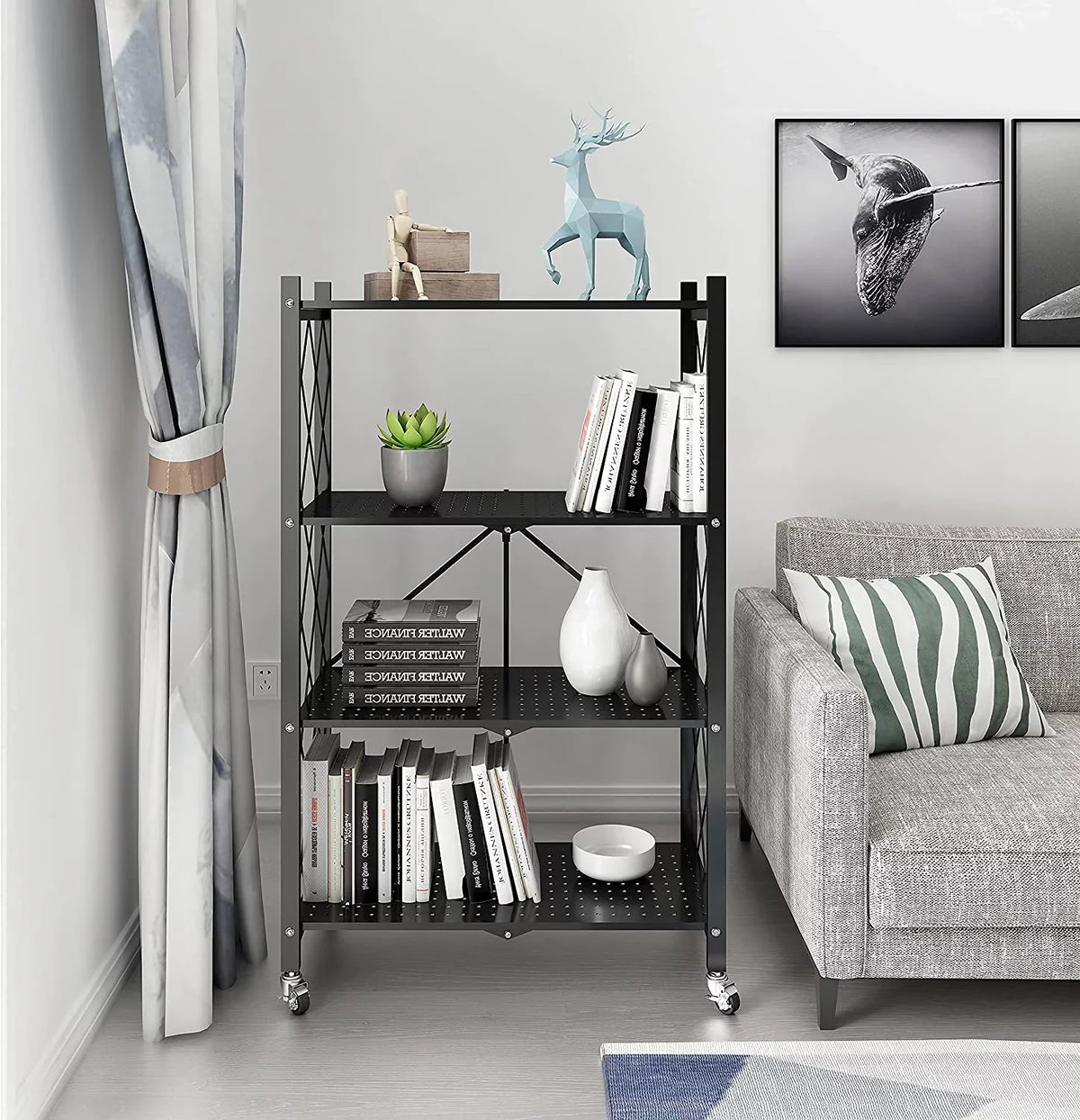 SUGIFT Kitchen Foldable Duty Heavy Black 3 4-Tier Shelf, Shelf Metal Shelf, with Storage Hooks,
