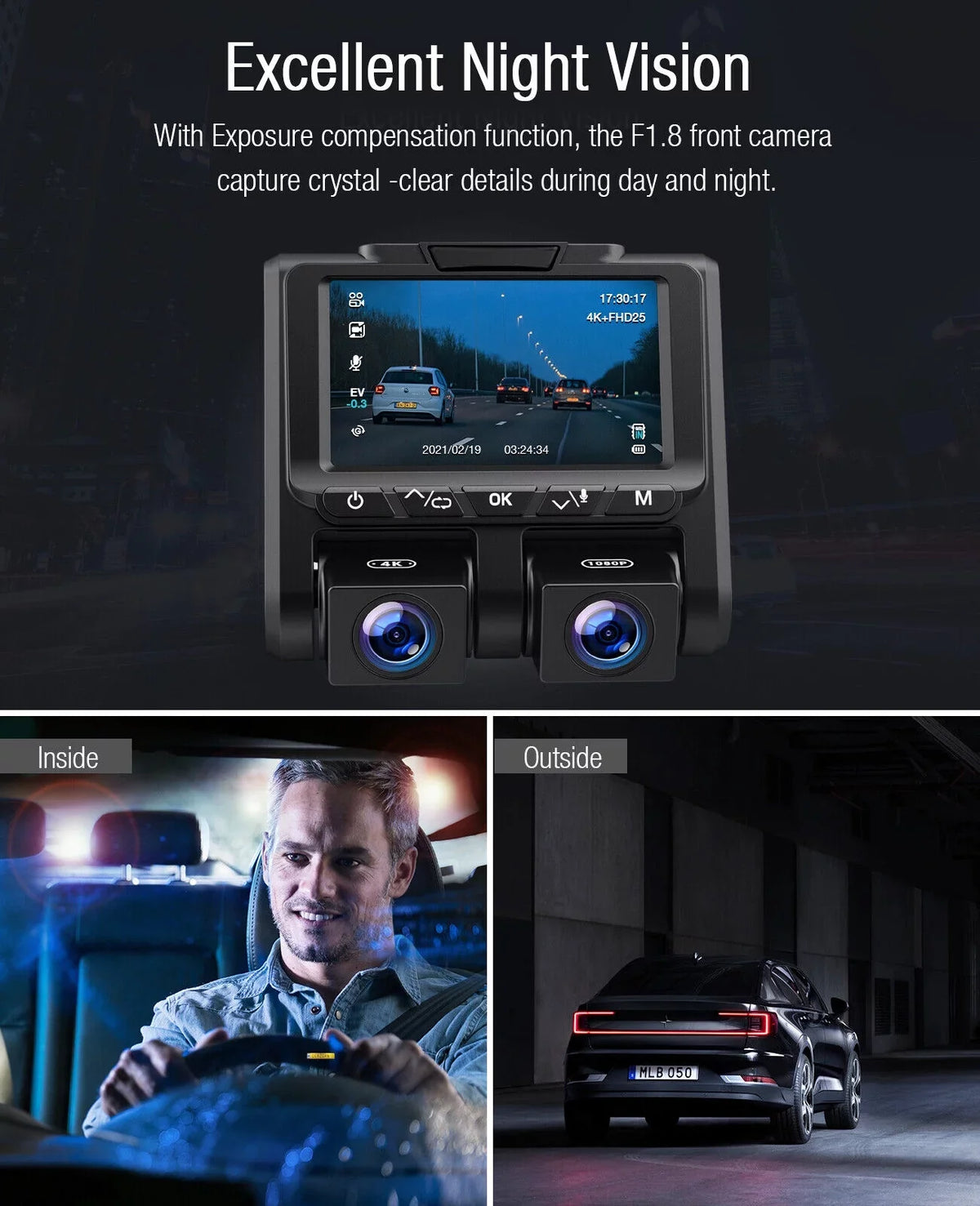 Recording Front 4K+1080P G-Sensor 4K Mode Inside TOGUARD 3" Car Cam and Loop LCD Camera Camera Dash Screen Dash Parking