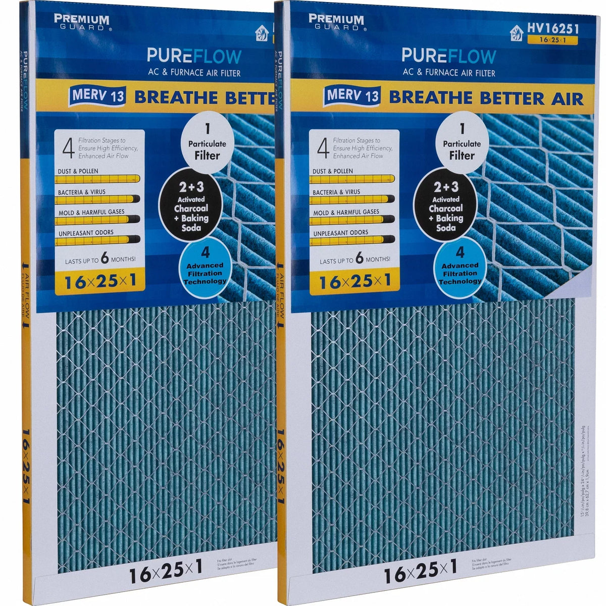 Filtration Air of Pack-of-2 PureFlow, Layers MERV-13 with Filter Technology, 4 Home 16x25x1, Advanced Furnace