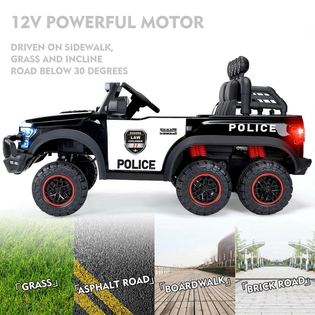 Remote 6 on Kids Police Car Toy (Black) Ride 12V Control with JOYLDIAS Wheels