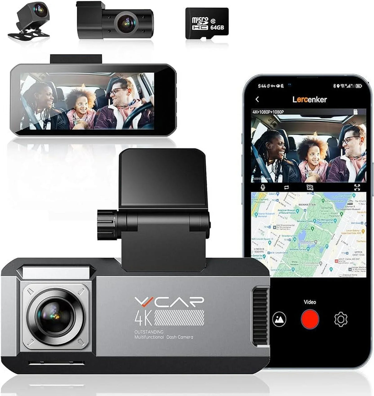 Dashboard VVCAR 3 WiFi 3.99" R39 GPS Camera Parking Recorder Dash Rear Cam 5K with Card Channel Front Car 64GB Mode IPS Inside