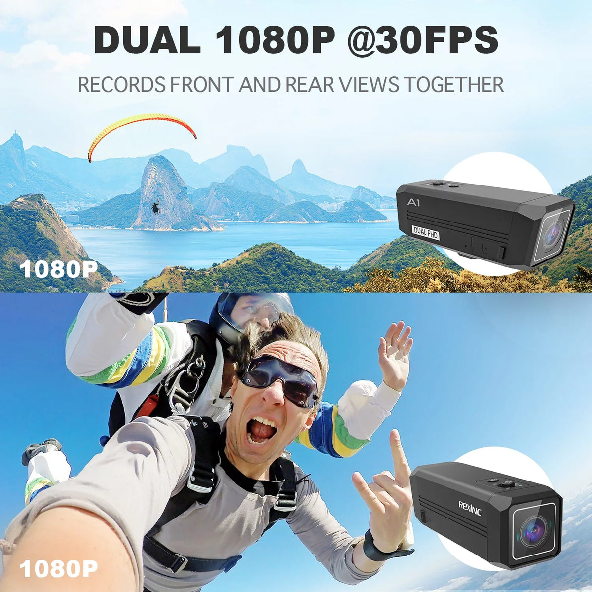 Camera Action Connect & Way Front Back 1080p@30fps A1 with Rexing Two Wi-Fi