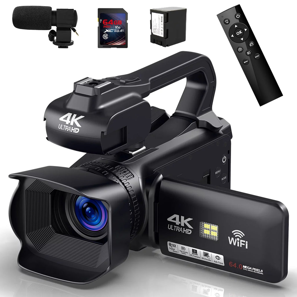 with Digital Focus Auto 4K Handhold MARVUE Control Charger, Stabilizer, Remote Microphone, Touch 60FPS,HD 64MP 18X Camera Camcorder Card, 64G Vlogging Zoom SD Video Camera Screen 4.0"