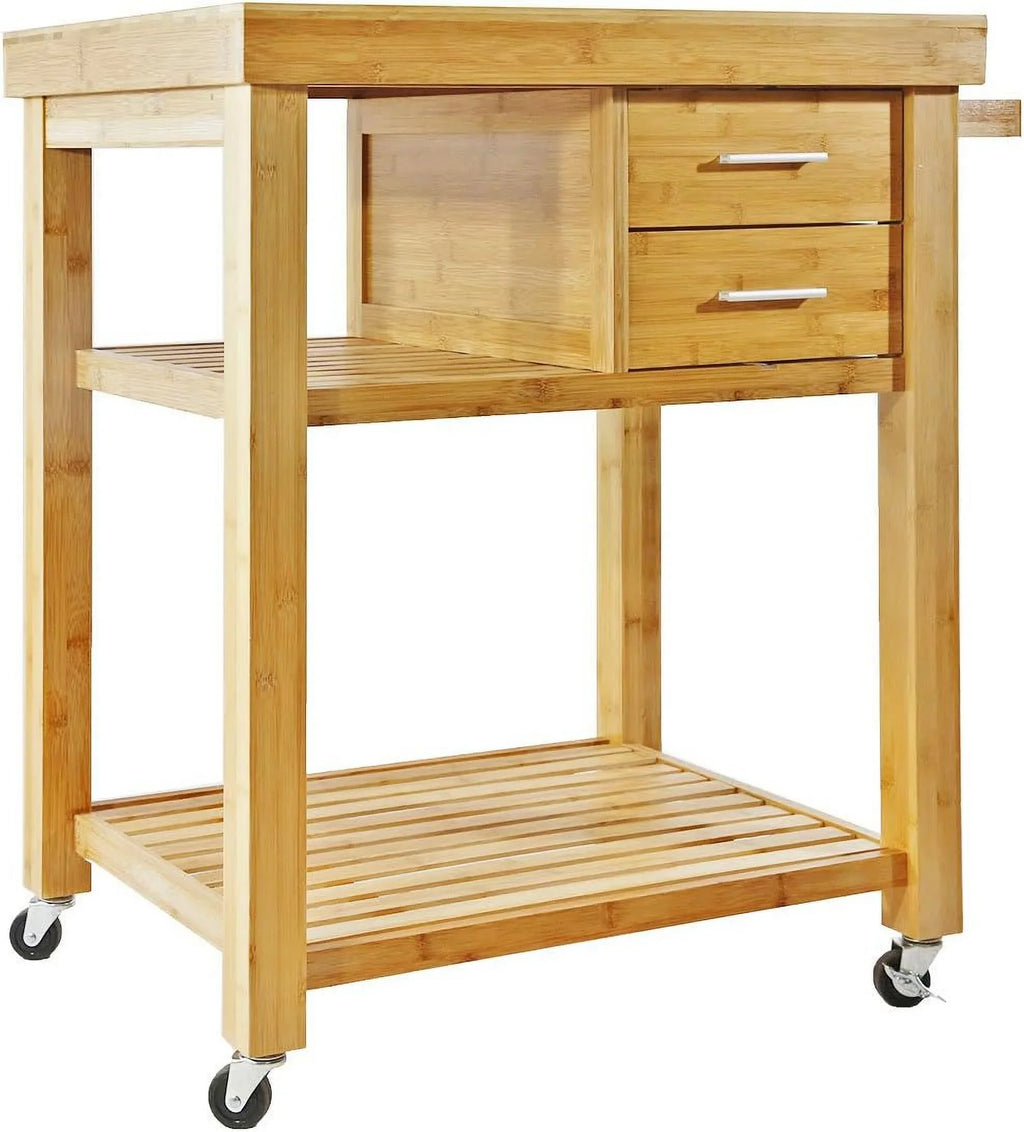 With On Towel Trolley Block Drawers Rack, Shelves, Wood Casters, Food Island Rolling Cart Wheels, Butcher Bamboo Cart Locking Prepping Kitchen