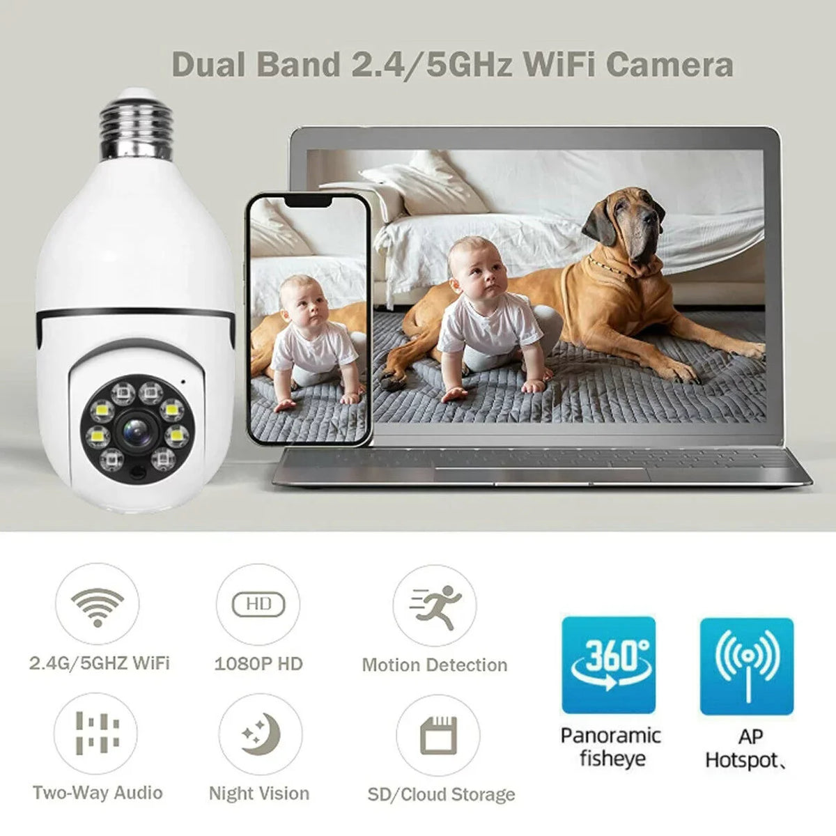 Detector IZENGATE Two Socket Bulb Way Talk/Night Wireless Camera E27 360° Camera Camera 2Pack Vision/Light 2.4Ghz Bulb Wi-Fi Light Surveillance Motion &5Ghz