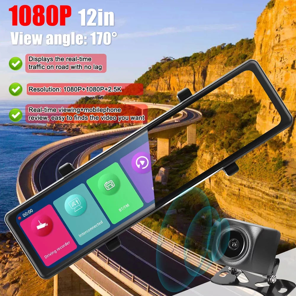 Video Cam Clear 3 Andoer Recorder Driving Recording 2.5K Auto Carplay Screen Recorder Mirror 12in Car Touched Car Dash Car Rearview Cameras