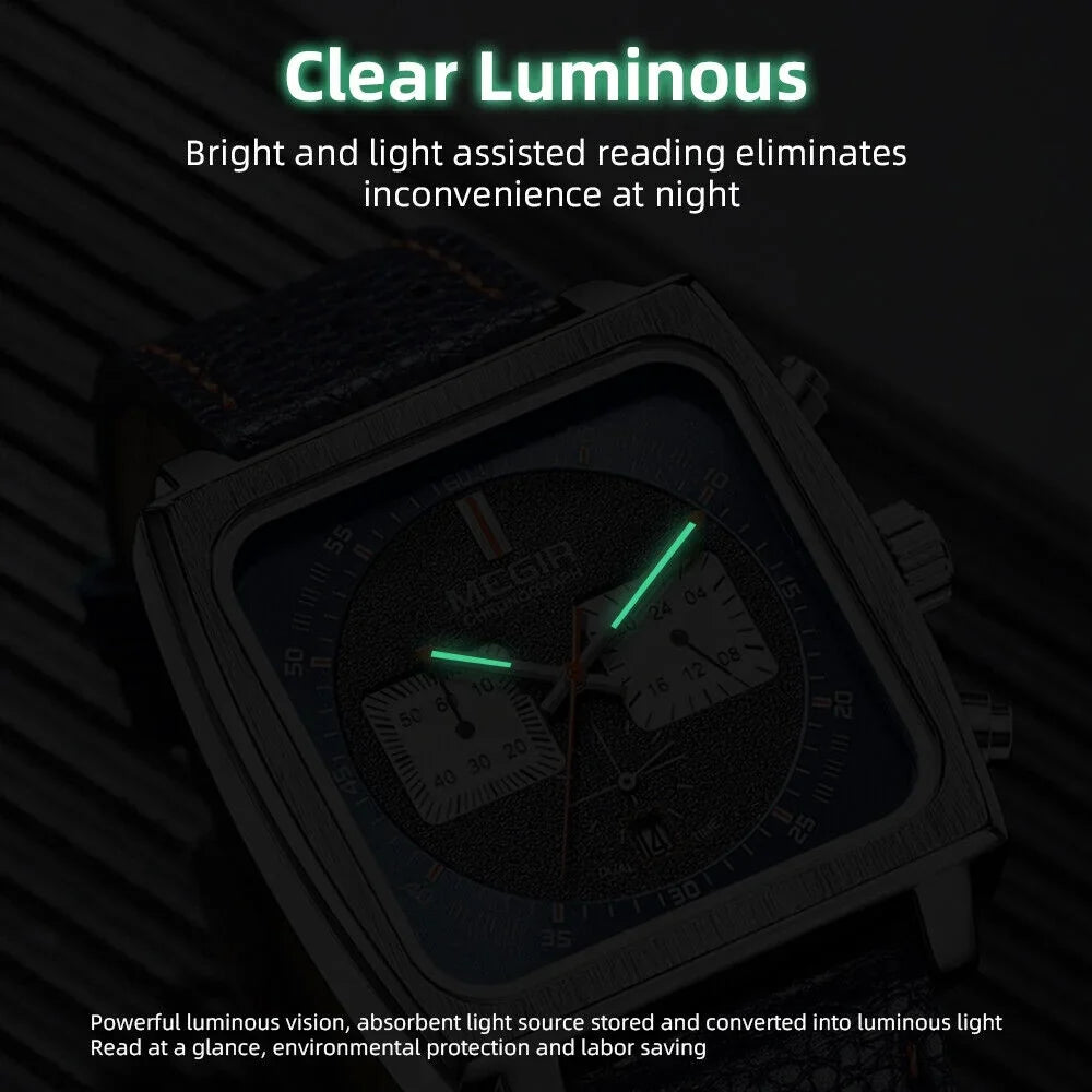 Square Quartz - KingFurt Date Waterproof Men's Watch - Leather Dial MEGIR Luminous, Display Blue Watch