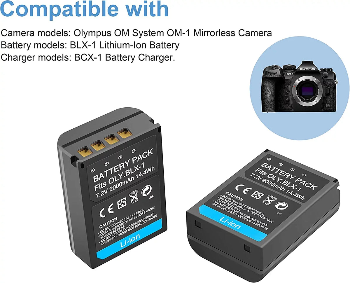 Dual Battery Olympus for Station BLX-1 Battery Camera 2-Pack [7.2V/2000mAh] Charge OM-1 System Rechargeable and OM