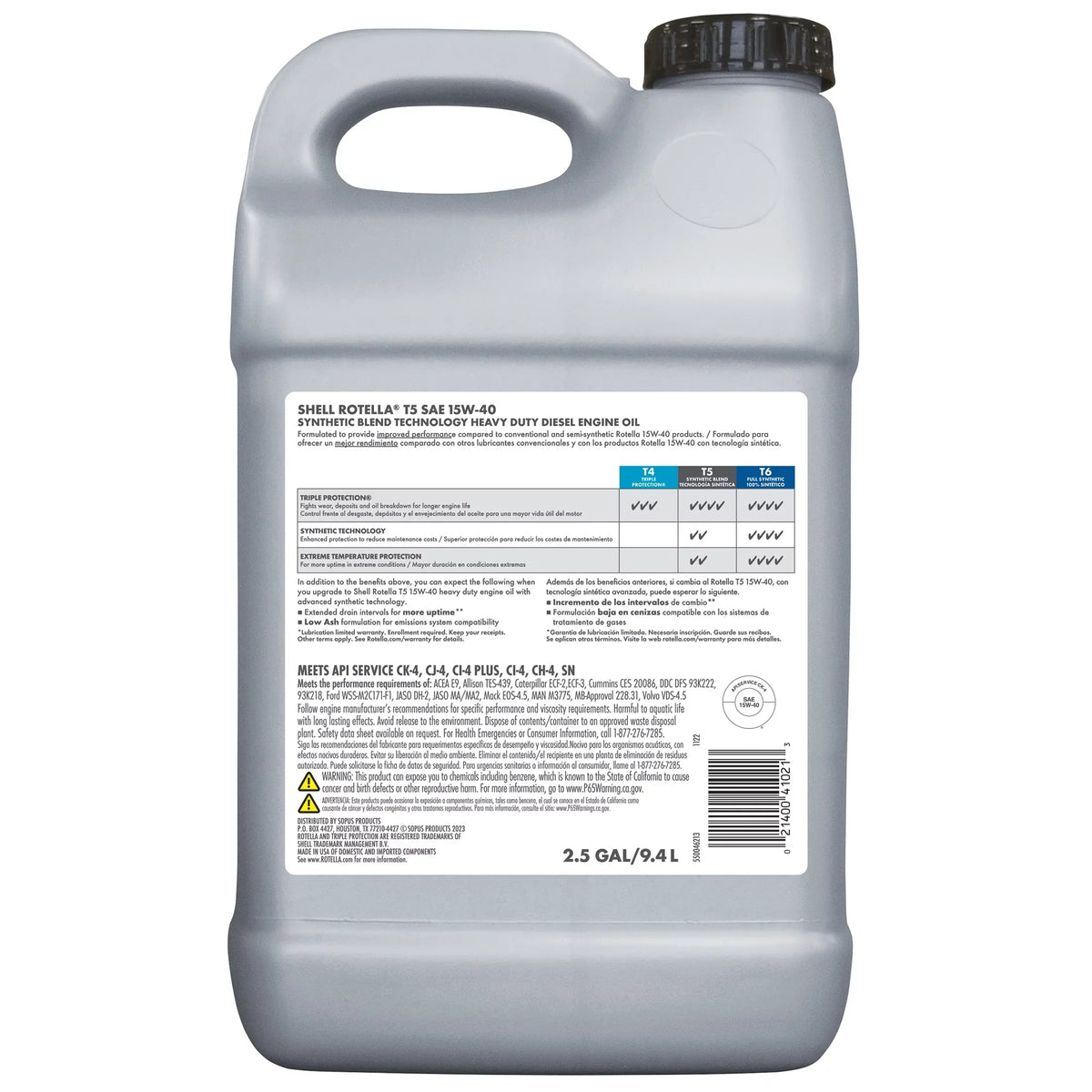 Rotella Engine 15W-40 Diesel Gallon Blend 2.5 Synthetic Shell T5 Oil,