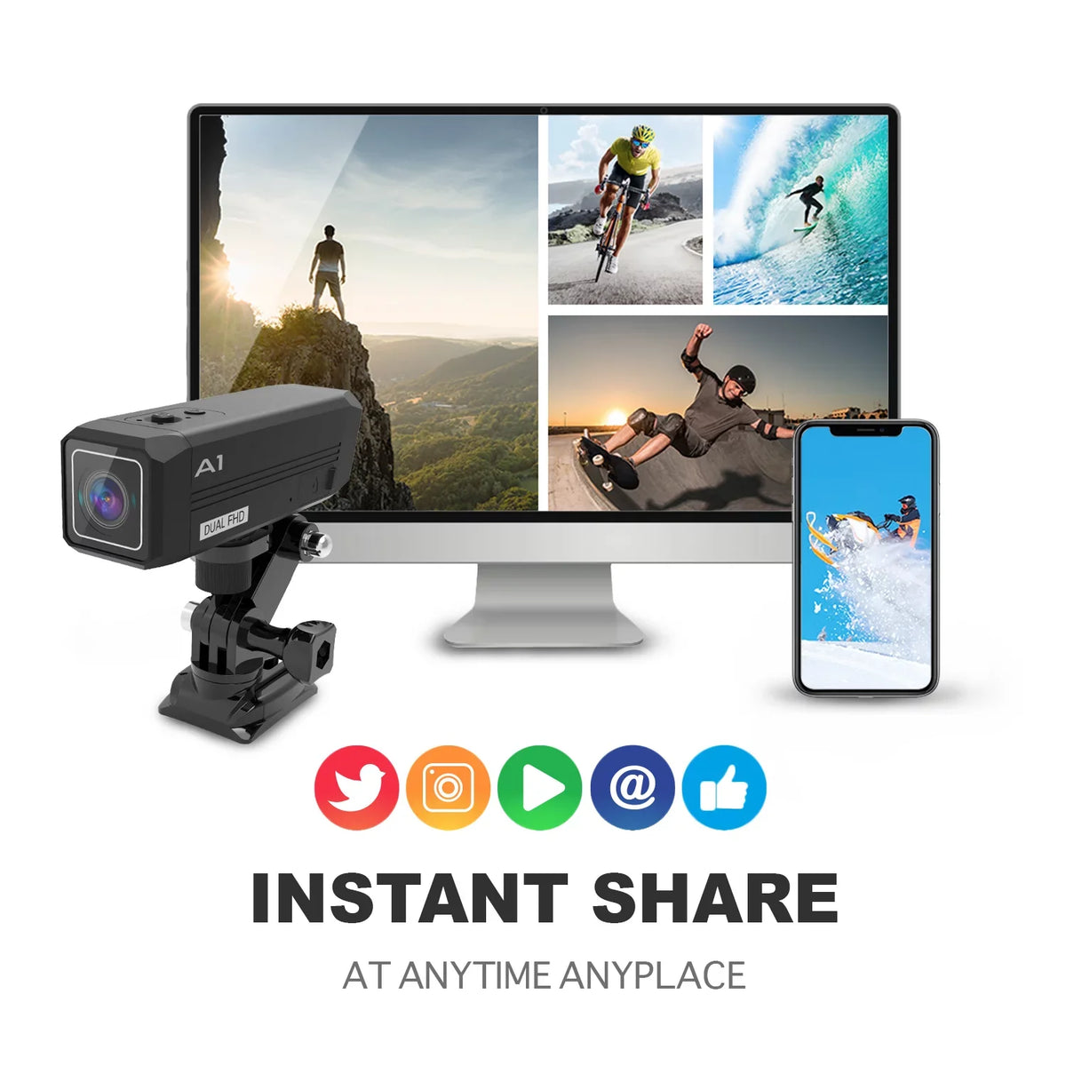 Camera Action Connect & Way Front Back 1080p@30fps A1 with Rexing Two Wi-Fi
