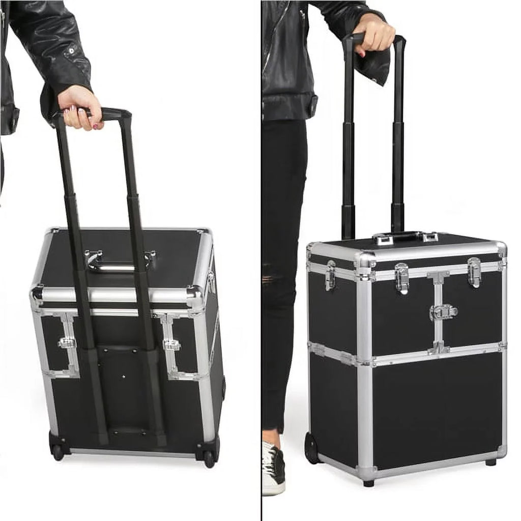 & Design Rolling Case Trolley with Retractable Alden Mirror, Trays, Makeup Wheels, Black