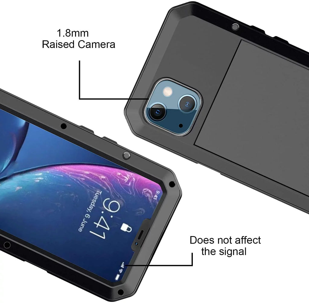 Grade Protection, Rugged Shockproof iPhone Aluminum Resistant Scratch Travel 14 Heavy (Black) Military Gorilla Outdoor and Pro Case Metal Glass Duty