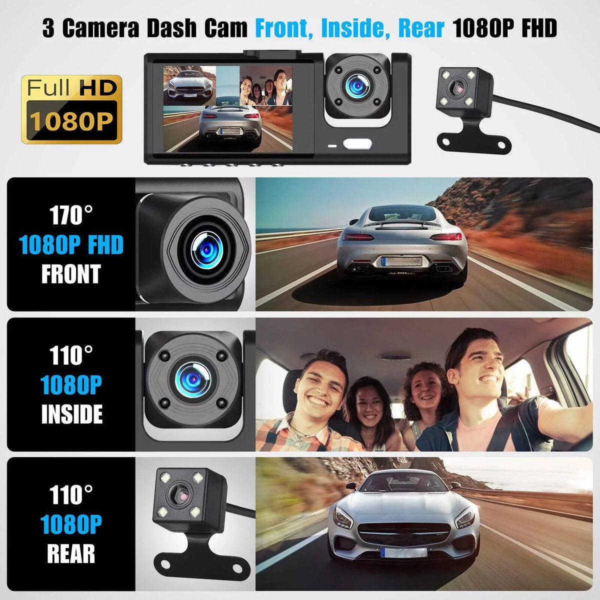 Cam Car G-sensor HD Dash Lens Recorder Dual Front/Rear/Inside Camera Video 1080P