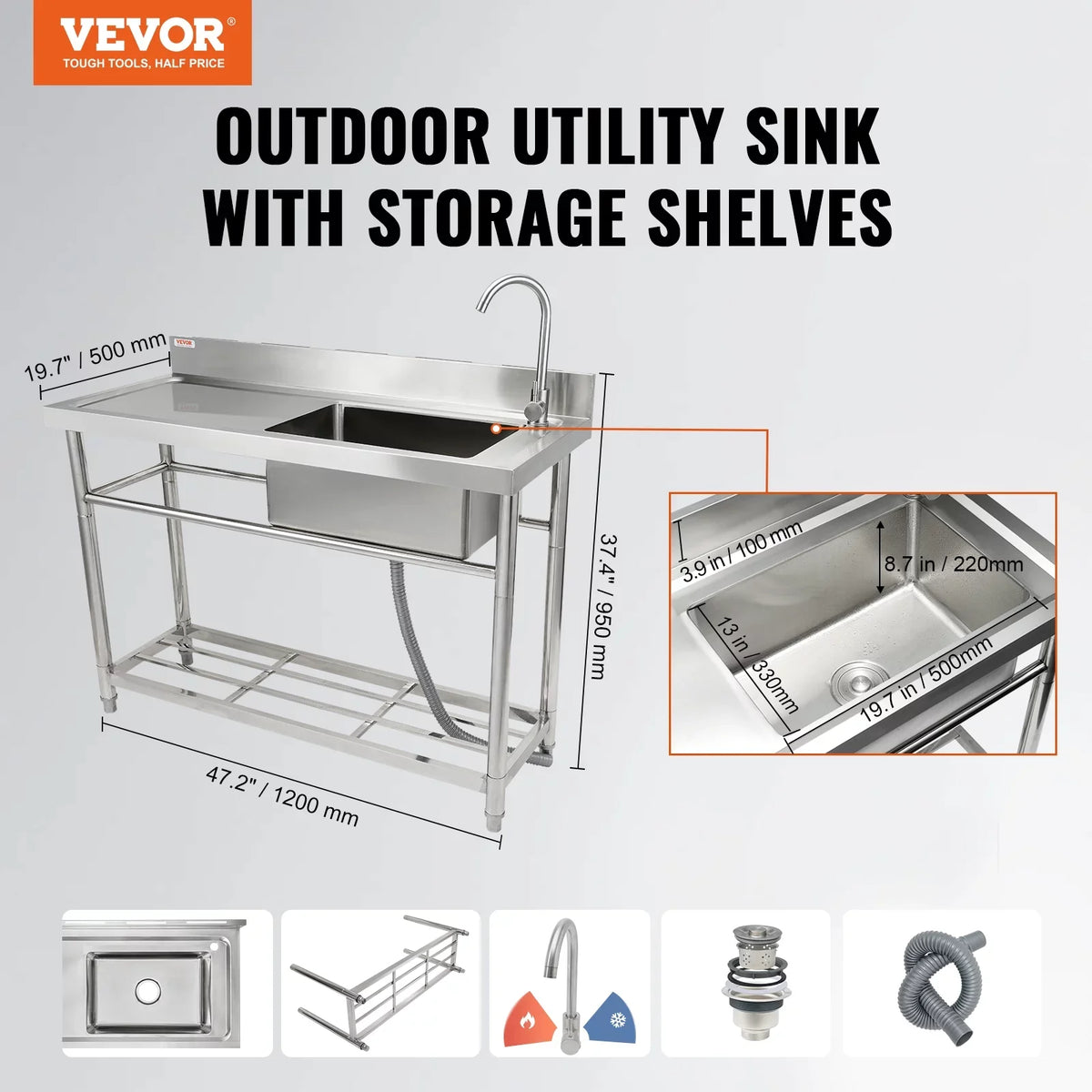 Single Commercial Prep 47.2x19.7x37.4 BENTISM Utility Bowl & in Sink w/Workbench