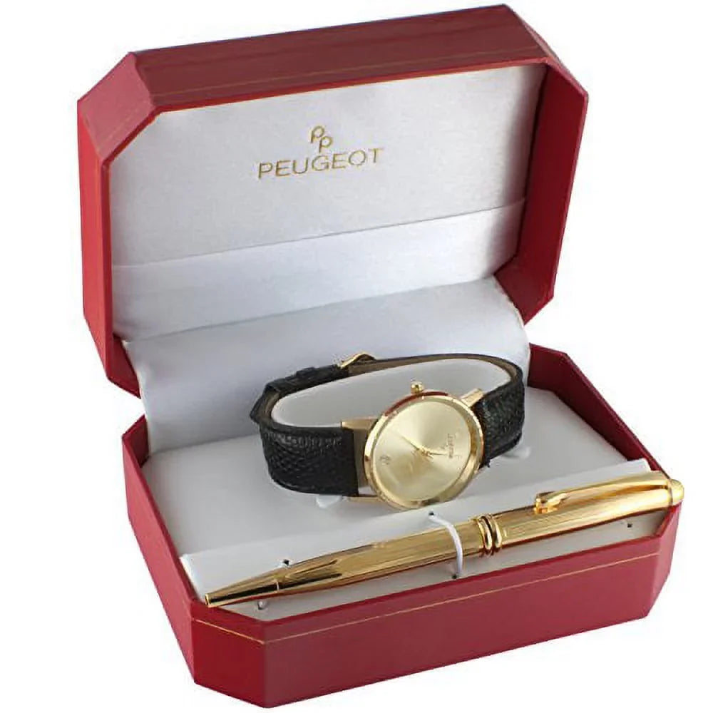 Men's Pen Watch with Set Leather Gift Gold Black -tone