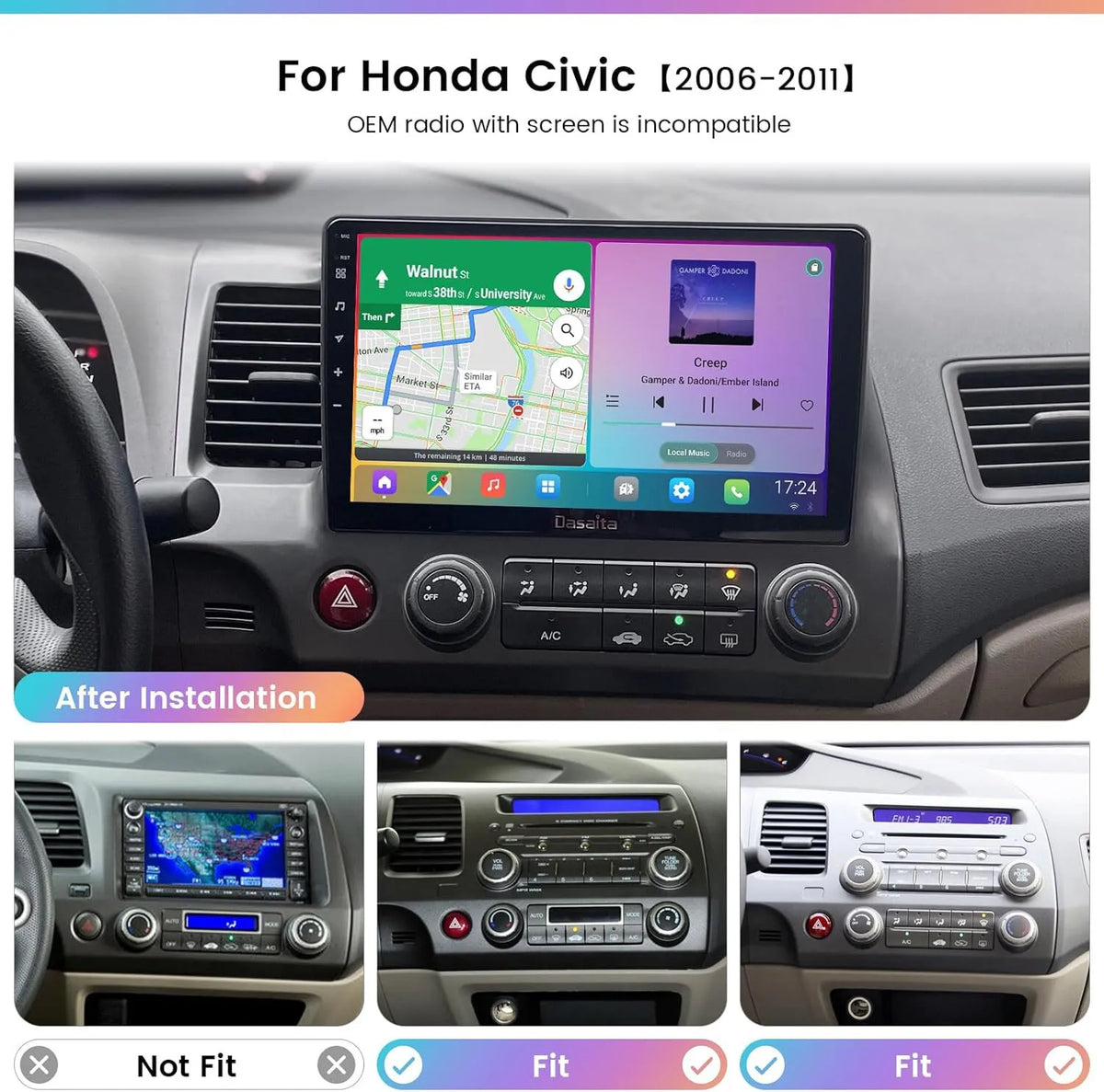 & Navi Camera Auto 2+32GB FM Carplay Support Radio IPS 2006-2011 for GPS 10.1 Stereo Backup Car 1280*720 Civic Touchscreen 12 Android Honda inches Car Android BT