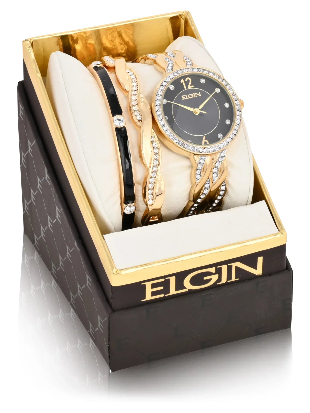 (EG17006GST) Elgin with Gold Analog Watch Set Dial Black Round Female in Adult
