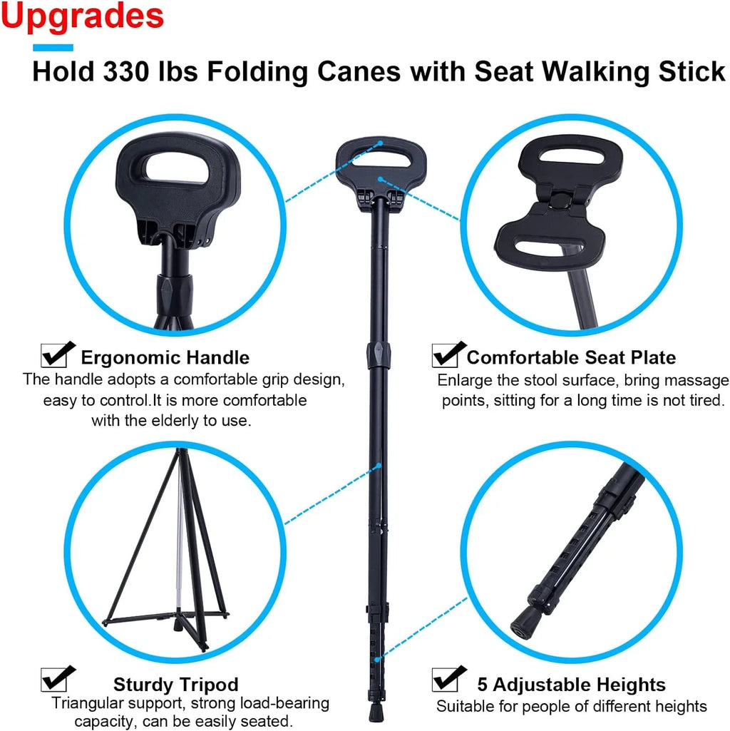 with Balancing 2 Cane Tripod Travel & Portable Men Handicap Cane Lightweight Seniors Women Bag Crutch Cane Walking Chair Sturdy and Mobility for Base Canes for Seat Aid & Elderly, Stool Folding
