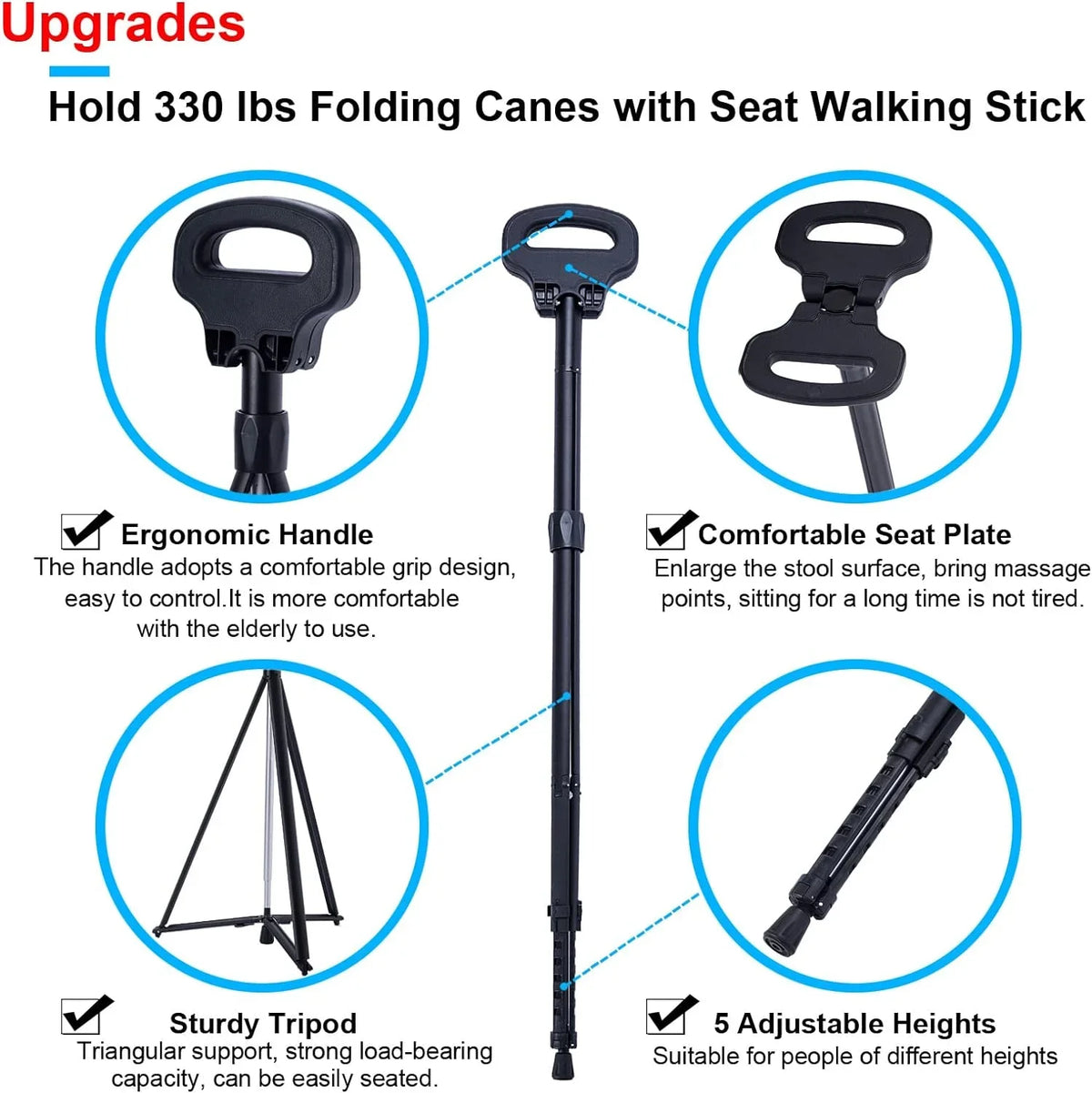 with Balancing 2 Cane Tripod Travel & Portable Men Handicap Cane Lightweight Seniors Women Bag Crutch Cane Walking Chair Sturdy and Mobility for Base Canes for Seat Aid & Elderly, Stool Folding