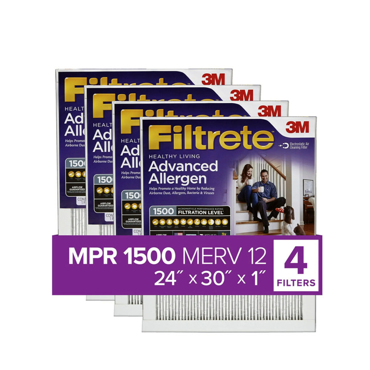 Filter, Advanced Filtrete Reduction, MPR Air Allergen 24x30x1 1500 MERV 4 Filters 12,