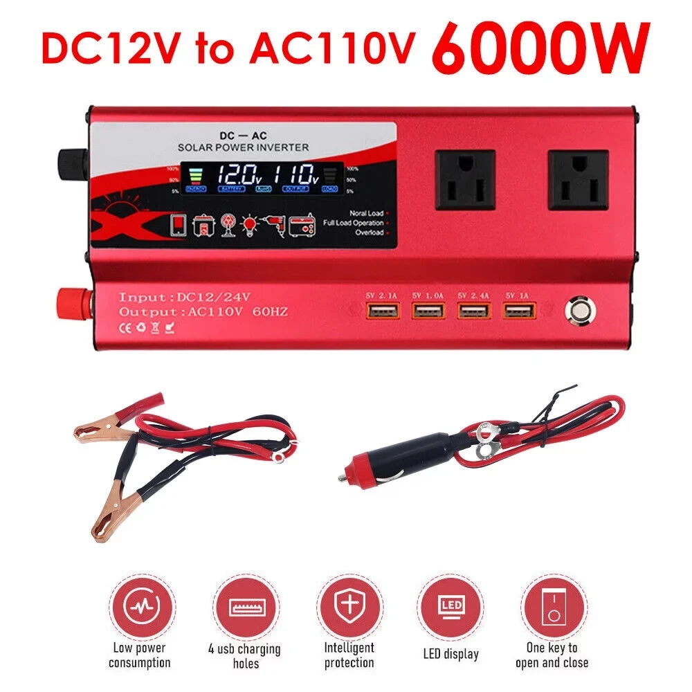 to 12V RV 110V Inverter Car Wave 6000W Power Converter LCD Pure AC DC Sine