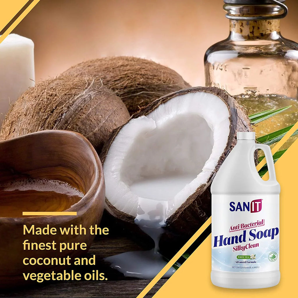 Coconut USA, Advanced - Liquid Wash Hand Silky - Natural Moisturizing Soap Made Aloe Antibacterial - 1 All Vera Refill Clean Tea, in Oil Gel with and White Hand Formula Sanit Gallon