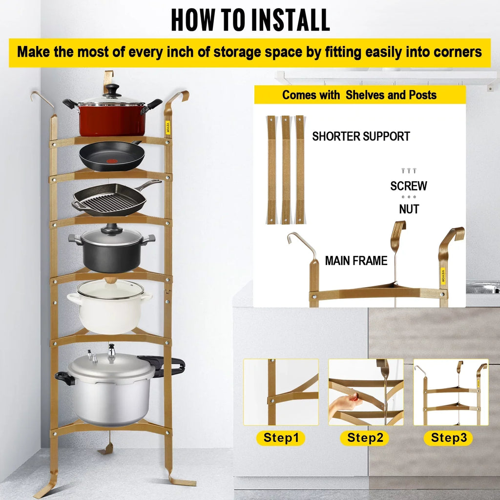 Storage Shelf Baskets Shelf, Pots, Storage SKYSHALO Copper Cookware Rack Pot Stand, Pans, Multi-Layer Tower, Kitchen Cookware Rack, 61-inch 6-Tier Kettles Cookware Steel Corner for Unassembled Carbon