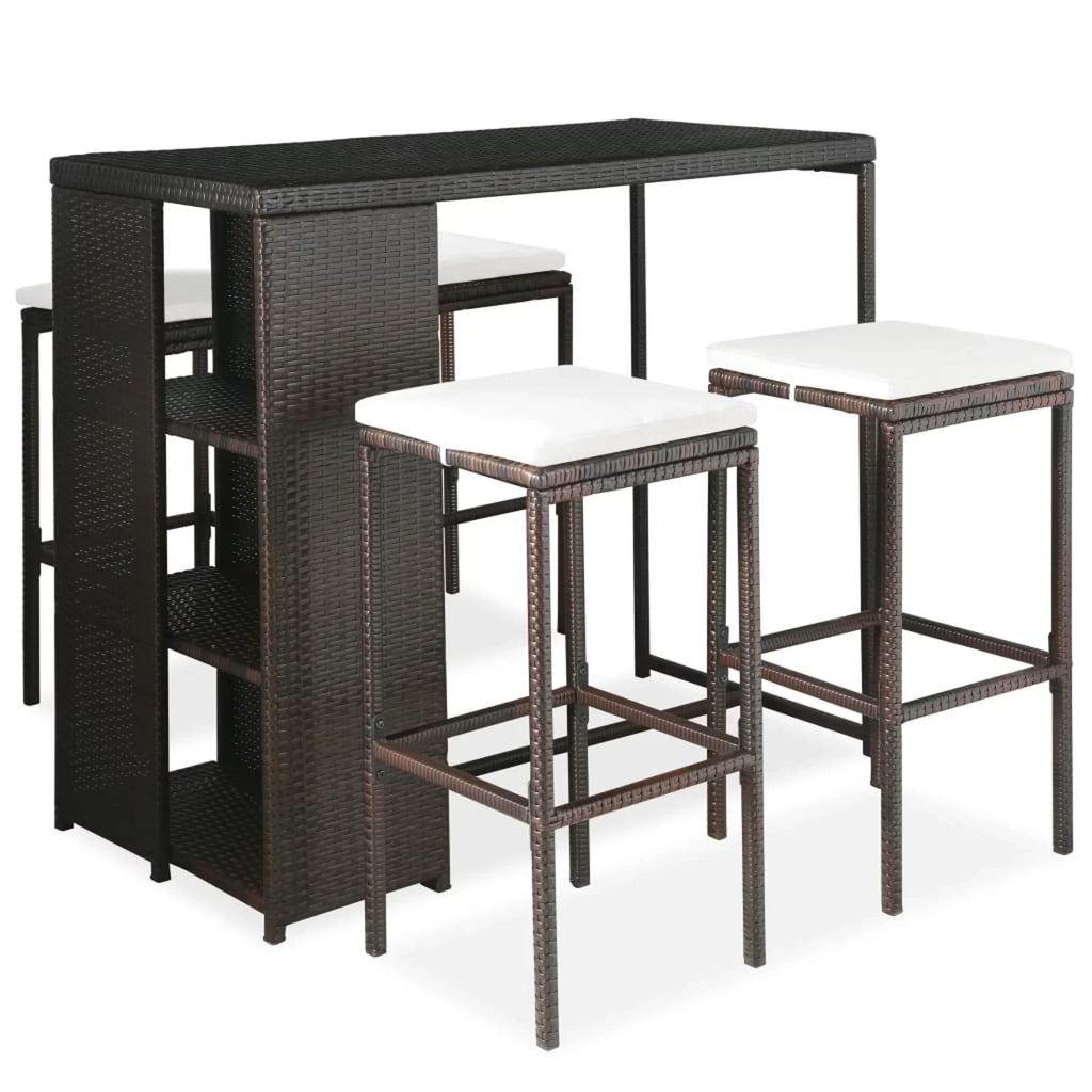 Set Pub, 5 Dcenta Table Bar Rattan Furniture Brown Terrace, Stool 4 Patio Set and Piece Height for Bistro, Chairs Garden Backyard, with Cushion Poly Dining Counter
