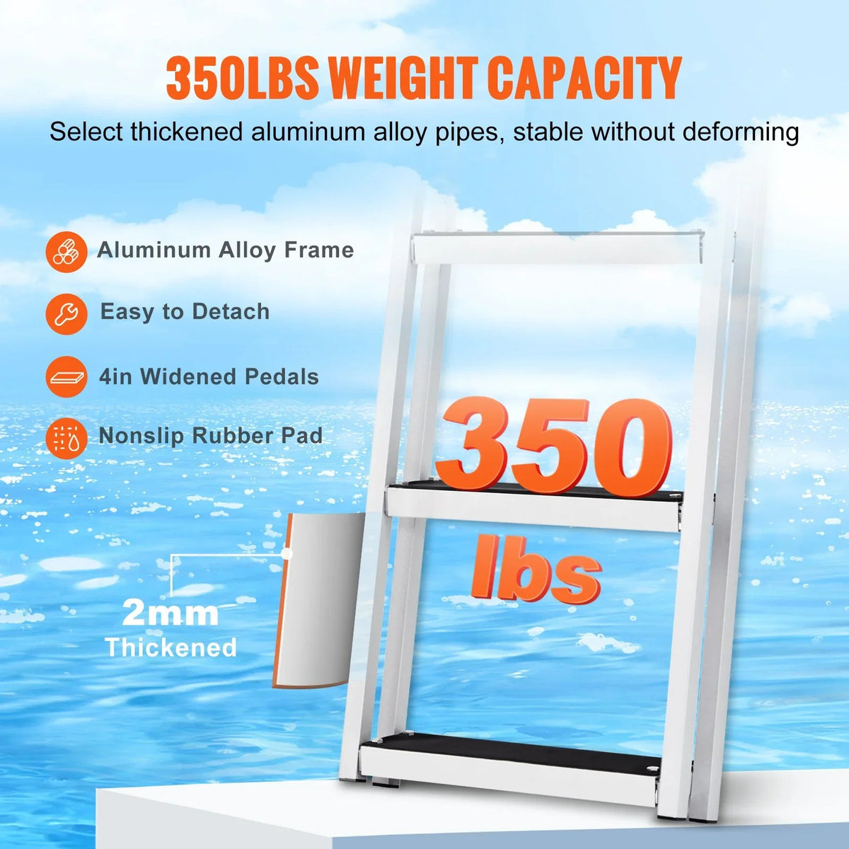 for & 4'' Marine Installation Access - Alloy lbs Dock Wide Simple Nonslip Boats, Lakes, VEVOR Removable Ladder 3-Step Steps, Aluminum 350 Pools with Capacity,