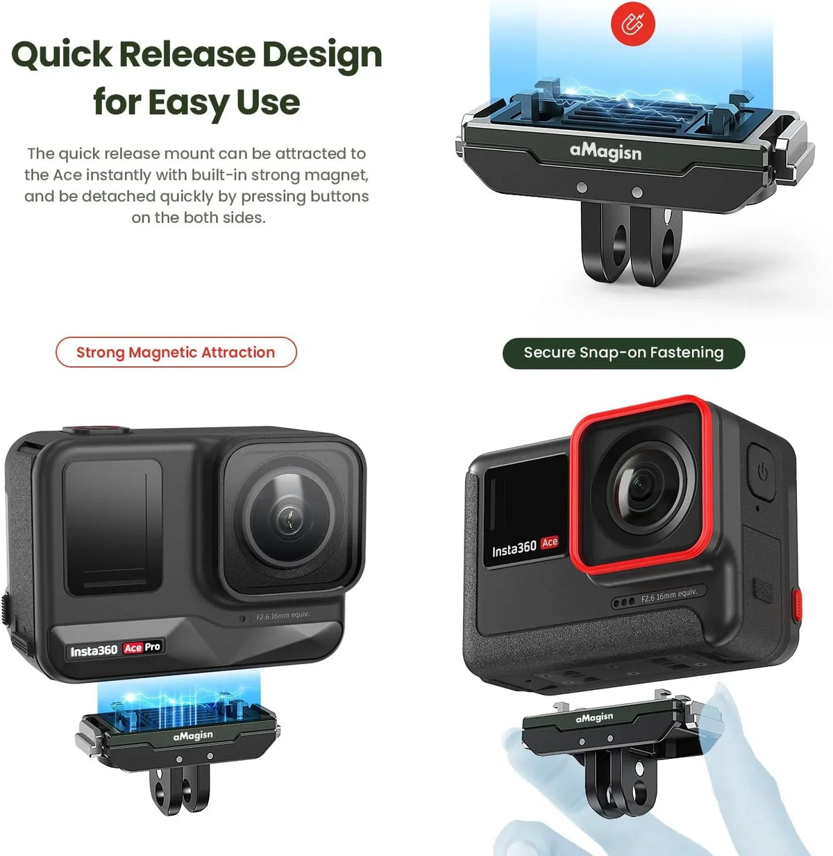 Pro and Pro Insta360 for Mount, Insta360 Prong Release Ace 1/4 Mount Thread Magnetic Ace GAEKOL / Snap-On Mount Quick 2 Ace Insta360