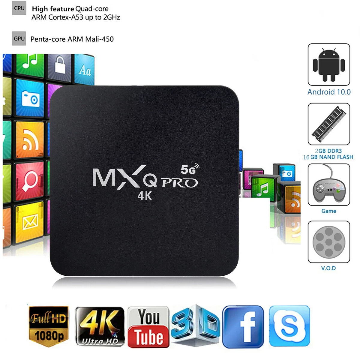 TV H.265 Quad 2GB Smart 3D Box ROM MXQ Pro Home Box 16GB Dual 2.4G/5.8G Android Core 12.1 Player Android Ram Band HD Media 5G WiFi