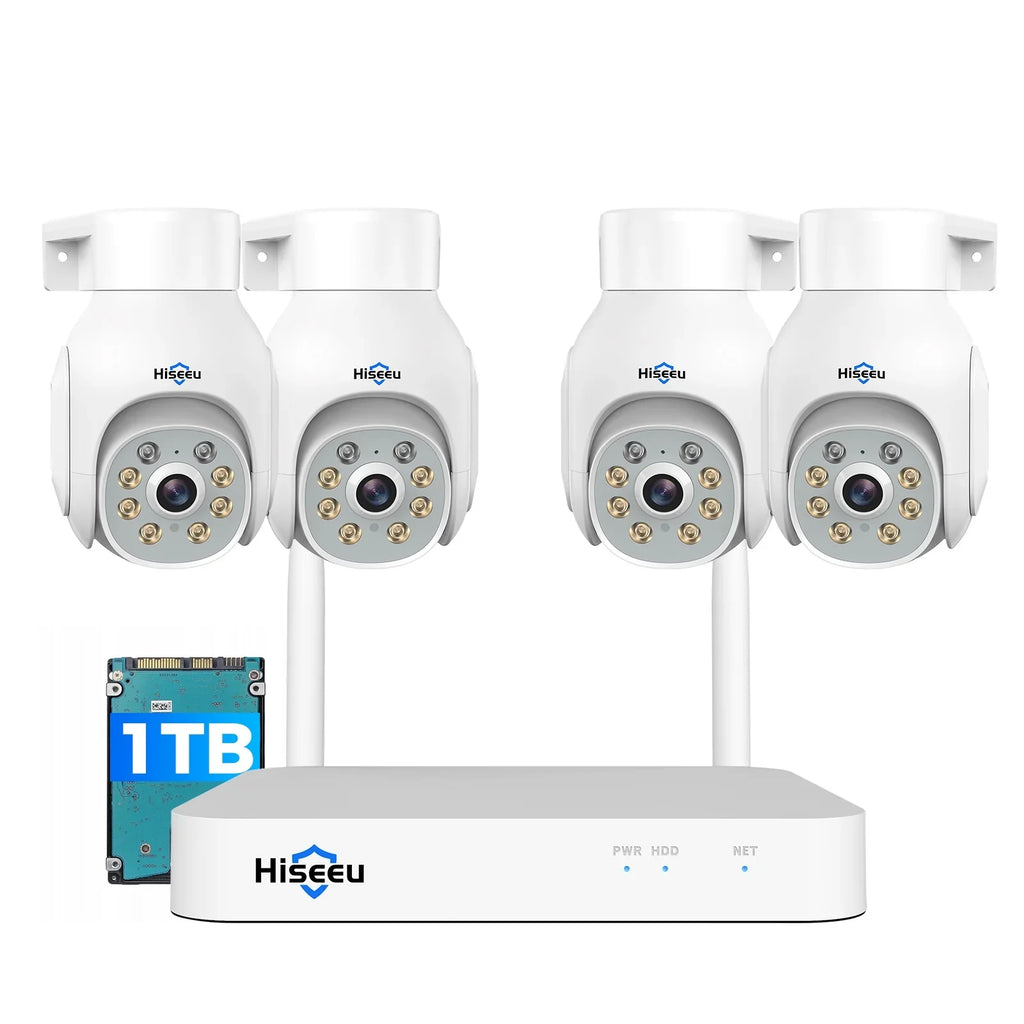 Alert, Cords,IP66 Hiseeu Hard WiFi Power 10CH Motion Track Camera PTZ Auto System,5MP,Expandable Plug&Play,24/7 NVR,1TB Drive,12V Security Record, Motion DC Waterproof,