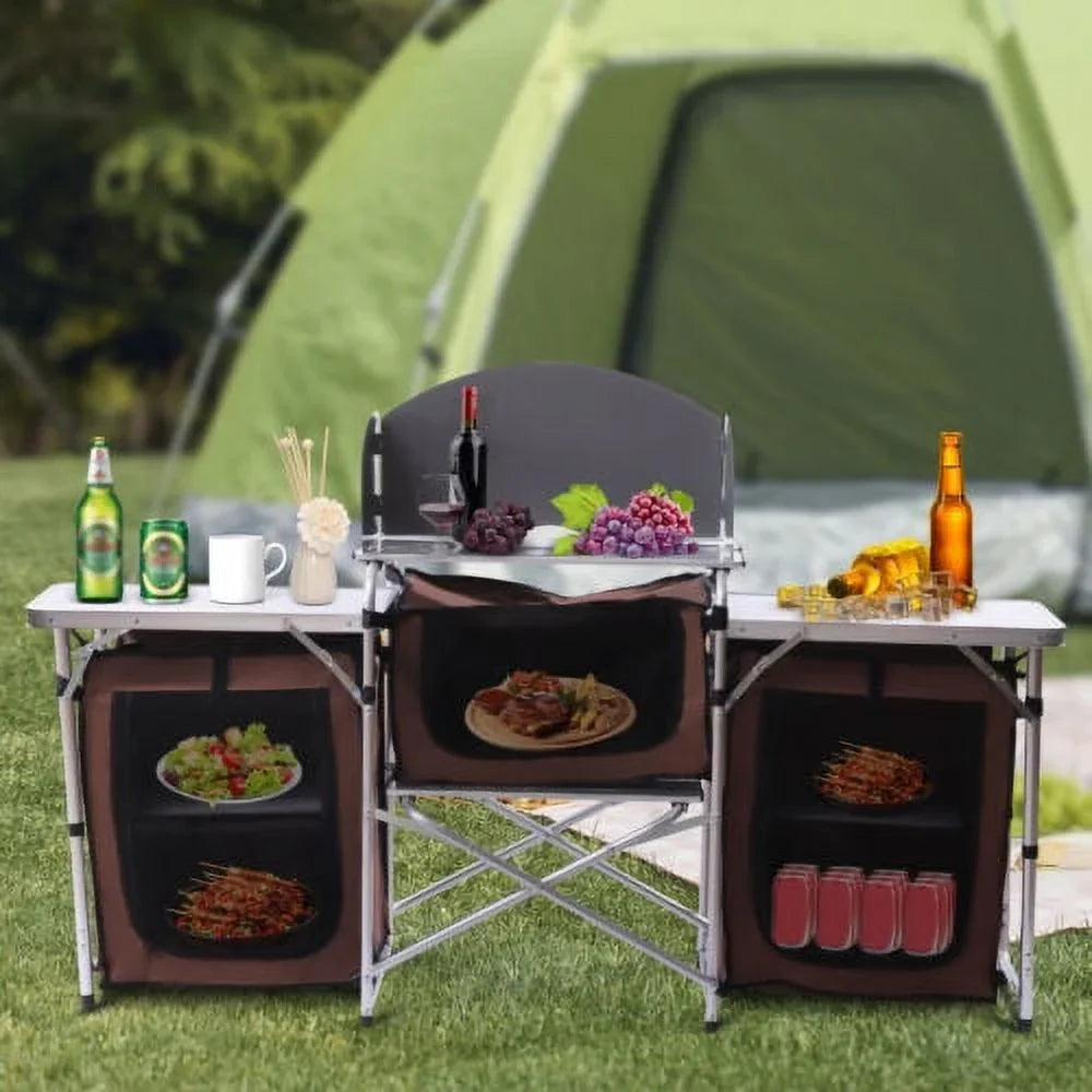 Camping Rack Portable Table Folding Kitchen Storage Table Cooking Cabinet Picnic