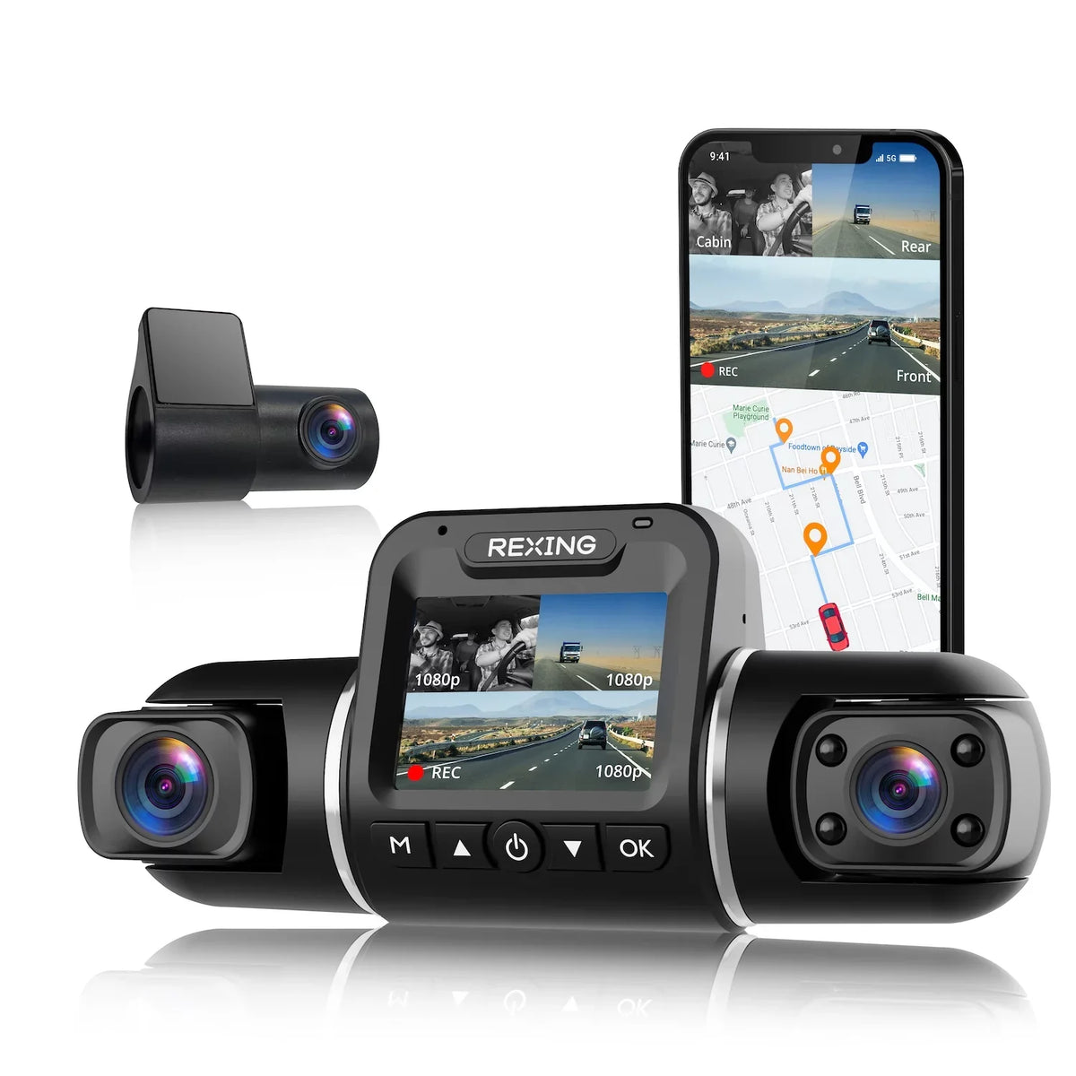 3-Channel Recording and Wi-Fi Rexing Dash Pro V2 with 1080p AI GPS Cam, Front/Cabin/Rear