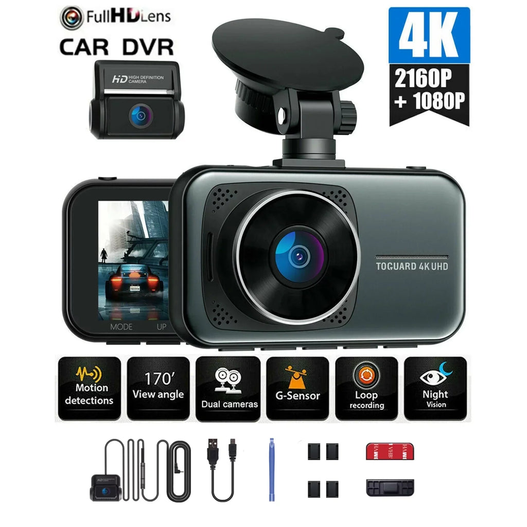 4K+1080P 3" Car Cam with Camera for 256GB and Dash Parking Dash Front Dash Rear Monitor, Support Dual Cam Cars,