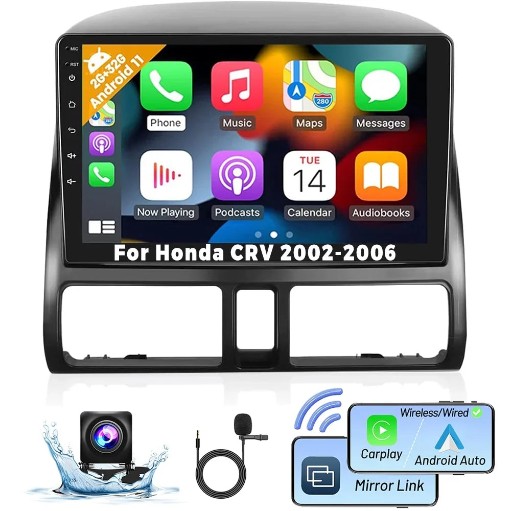 FM Hifi Camera&Microphone GPS for Wireless Link Backup 1080P CRV Bluetooth Carplay Mirror Touchscreen 9'' 2002-2006 WIFI Usb, Radio Stereo Auto Android Player Honda Car 2+32G AHD