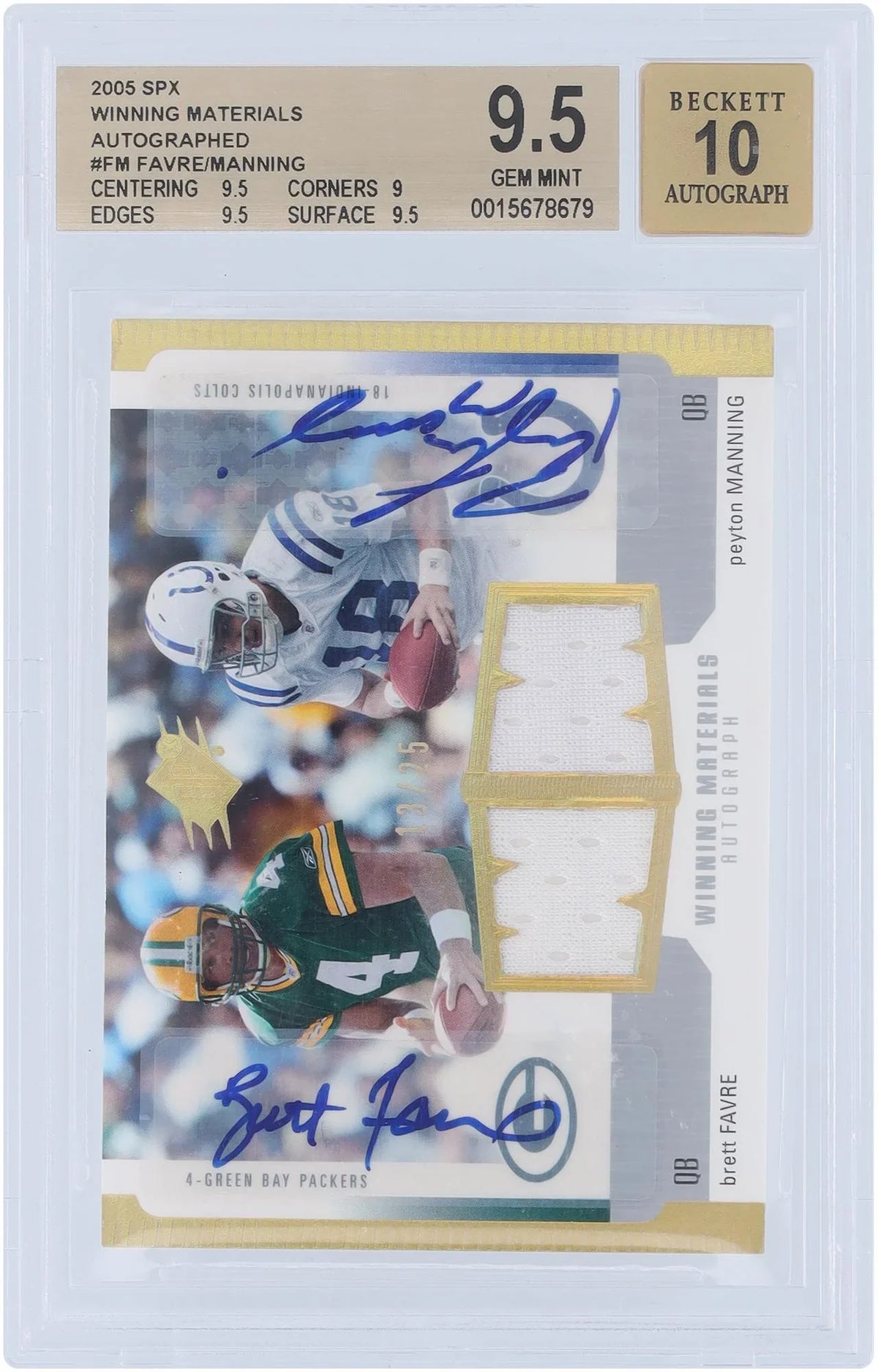 SPX Authentic 9.5/10 BGS Upper Fanatics - Certified Relic Authenticated Favre Peyton #WMR-FM - 9.5,9,9.5,9.5 2005 #13/25 Dual Brett Manning and Autographed Card Subgrades Deck
