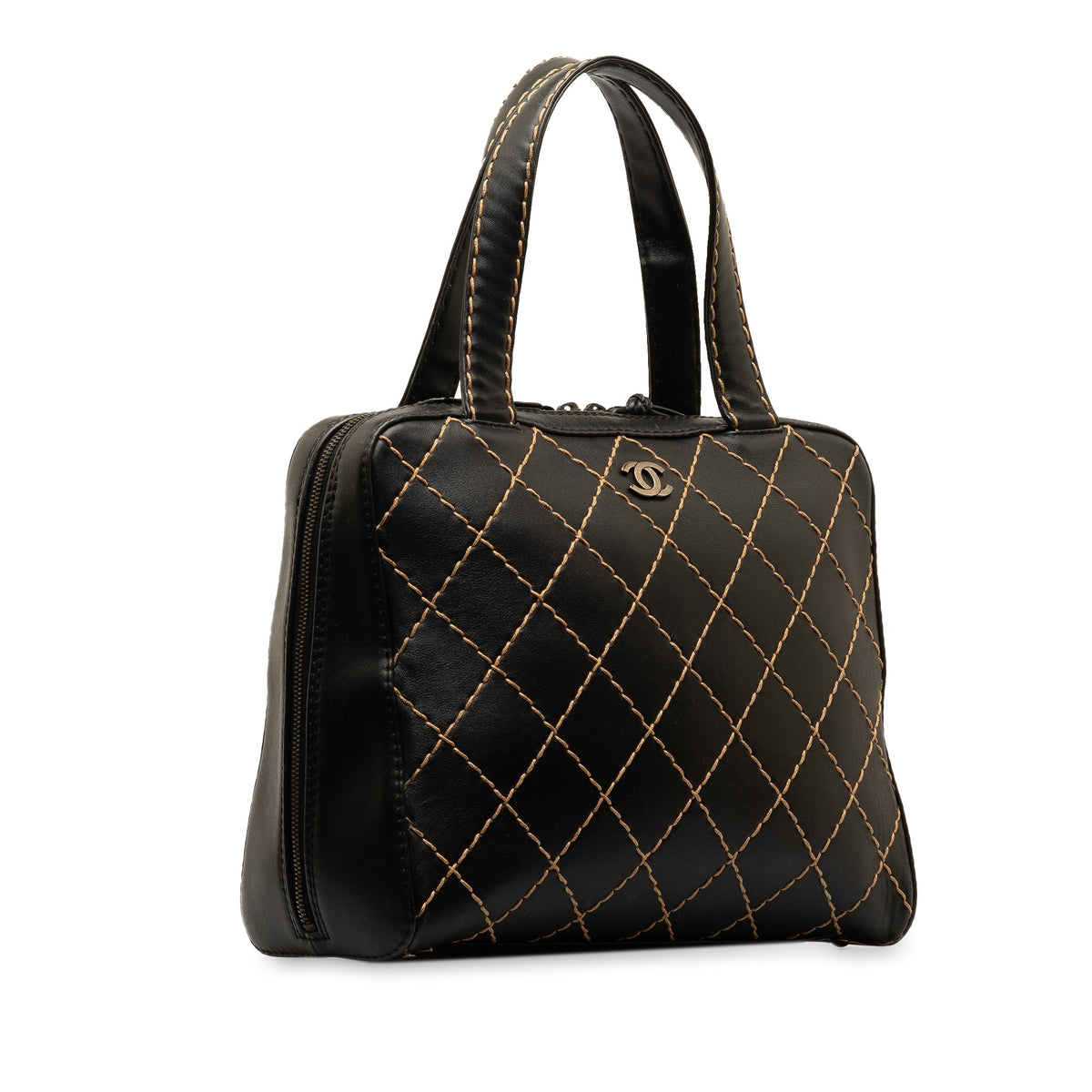 Wild Authenticated CC Handbag Leather Chanel Stitch (Good) Pre-Owned Lambskin HandleBag Top Black Unisex