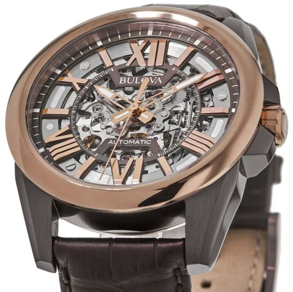 Brown Bulova Watch Leather Men's Skeleton Dial Automatic Strap 98A165