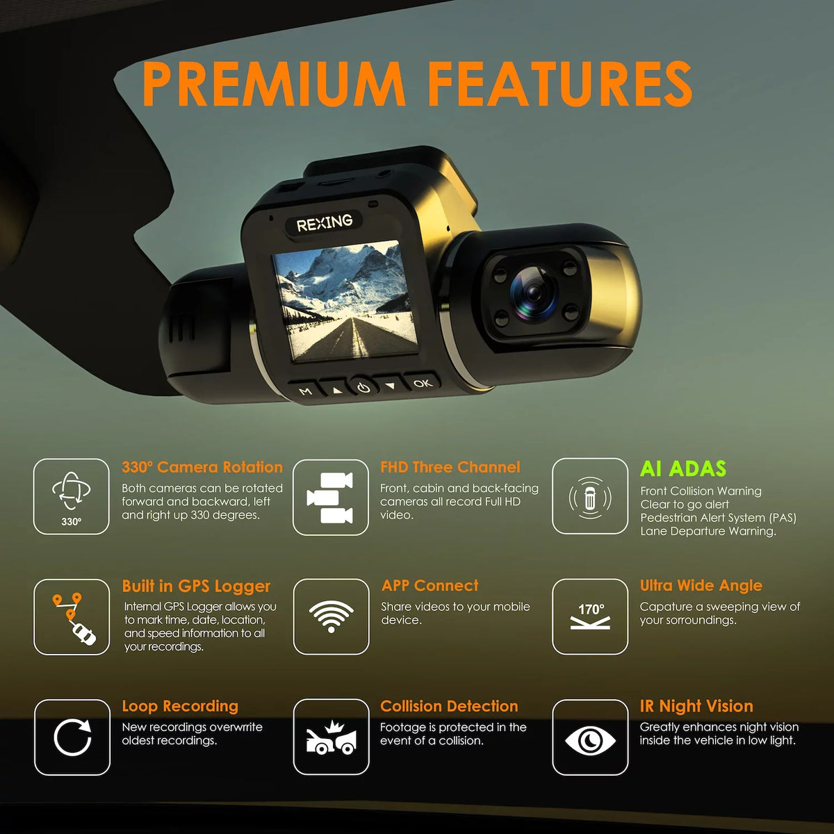 3-Channel Recording and Wi-Fi Rexing Dash Pro V2 with 1080p AI GPS Cam, Front/Cabin/Rear