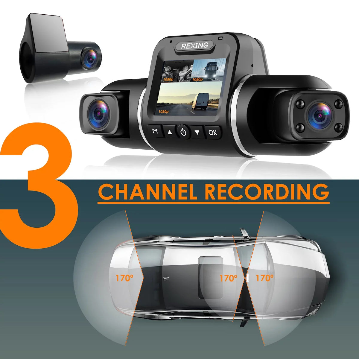 3-Channel Recording and Wi-Fi Rexing Dash Pro V2 with 1080p AI GPS Cam, Front/Cabin/Rear