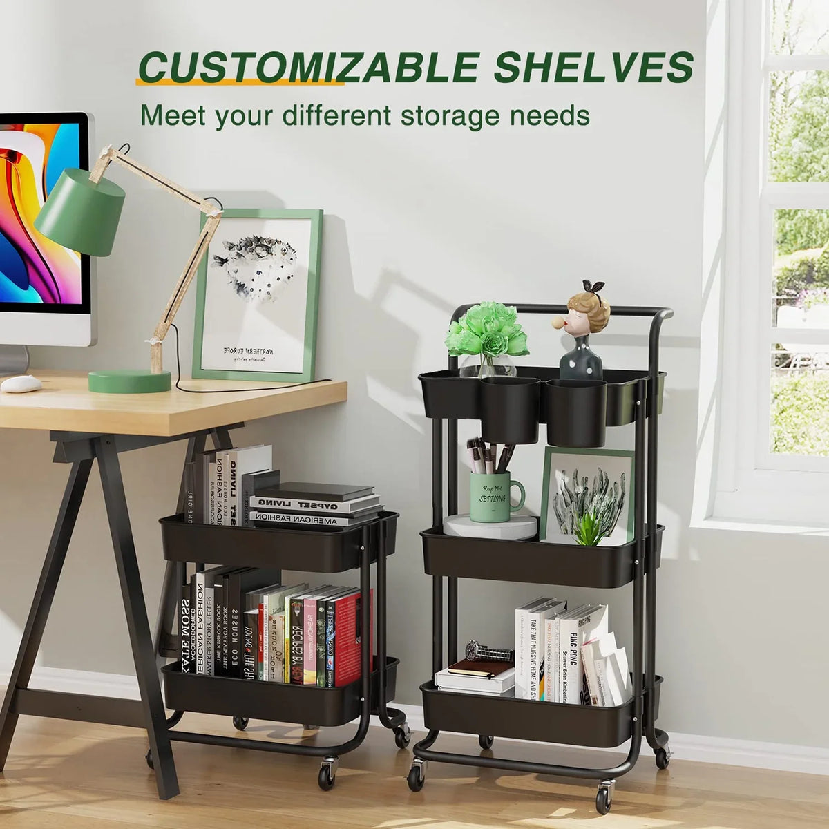 Handle Cart, Wheels3-Tier, Annvchi Storage Office for Trolley, Rolling Storage Multifunctional Room with Utility with Shelves Storage Multi-Functional Cart Kitchen Black Organizer Living