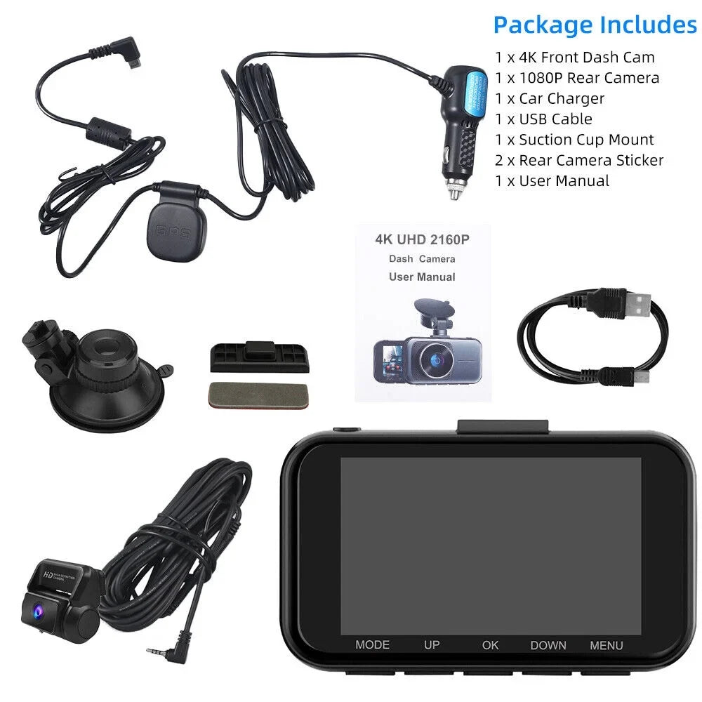 Parking Rear Cam Vision ONEMAYSHIP 256GB 4K/2.5K+1080P Dual Front Full Max WDR Night 3.16" Support 3 Mode Wide Channel HD Dash 24H Angle