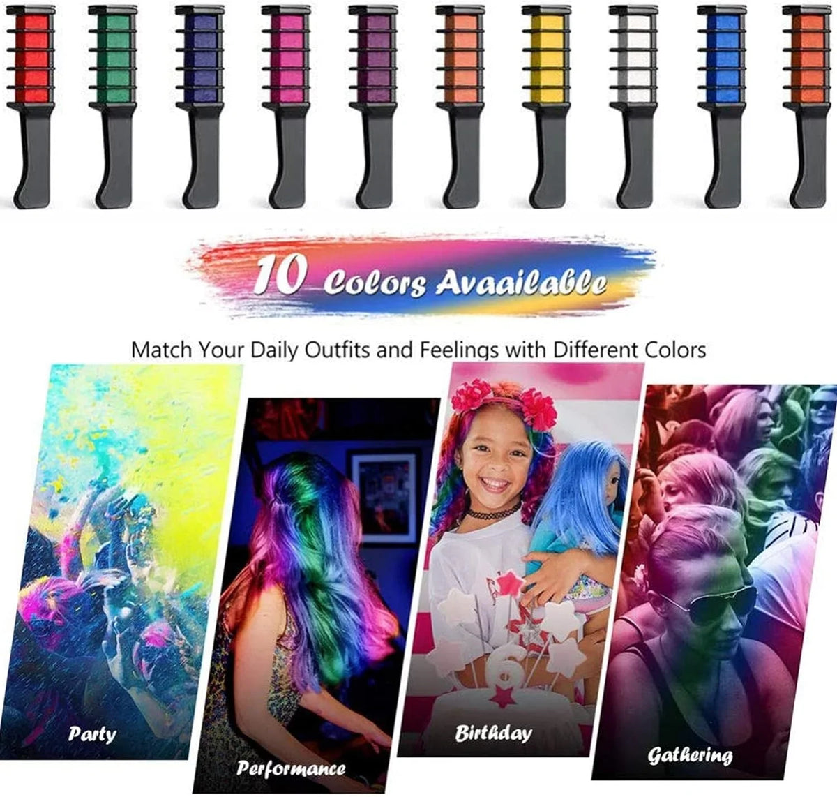 Dye Makeup Chalk 10 Pens Halloween Temporary Washable Combs, Chalk Easy Hair Kids for Birthday for Hair Girls Hair Pens Dye Colourful, Bright