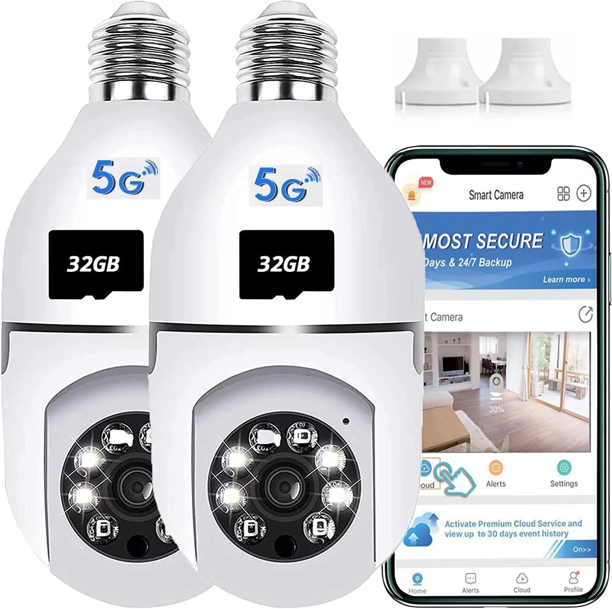 Pack Card Storage Camera, WiFi Home 5G Local Degree 32GB and APP (Two), 360 & Detection Camera PTZ2.4GHz + Wireless Security Indoor Access, Outdoor SD Motion Alarm, 2 Cloud Camera, Light Bulb and