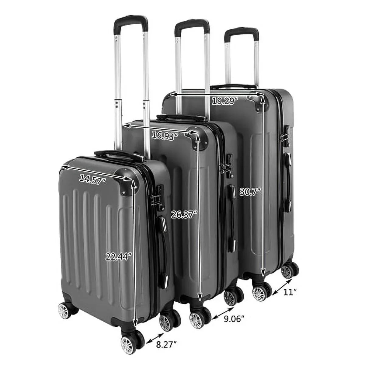 / Gray Travel Dark Case ABS Portable Lightweight 24" Trolley - Set Suitcase 28" / 3-in-1 20"