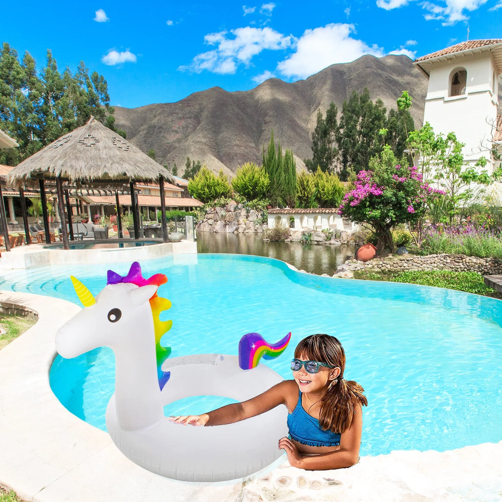 Pool 58" Float - Rainbow Central Unicorn 1-Person White/Blue Ring Inflatable Pool Giant