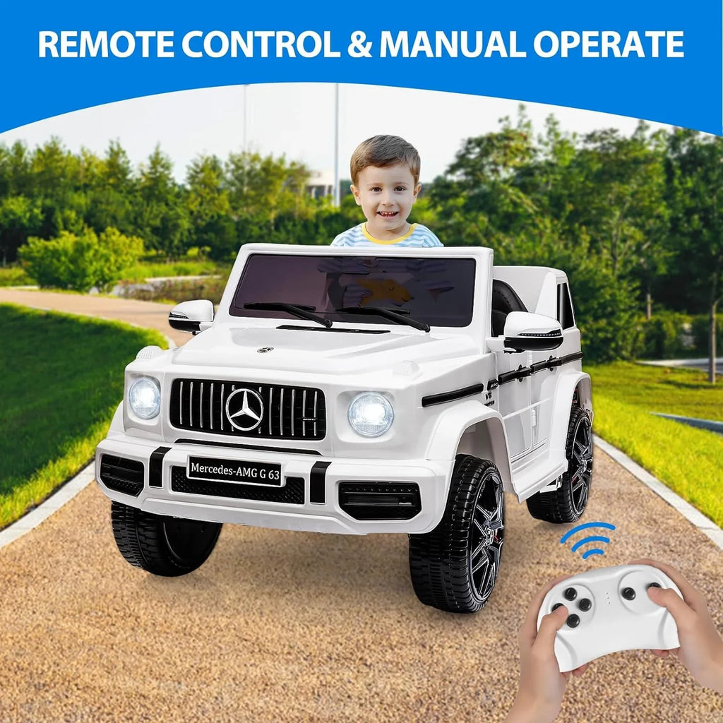 Vehicle, on G63 Benz Lock Car, Suspension, Ride Horn, AUX, Electric Bluetooth, Kids White Electric Powered Music, Safety 12V Spring Mercedes Light, Battery LED Car w/Remote Licensed Control,