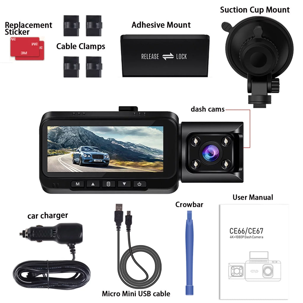 Front Dual IR Dash Max, and Camera 3.16" Support 4K Wide 170° Display, Vision, GPS Cam TOGUARD 256GB Black Angle, Night Inside Dash with Car